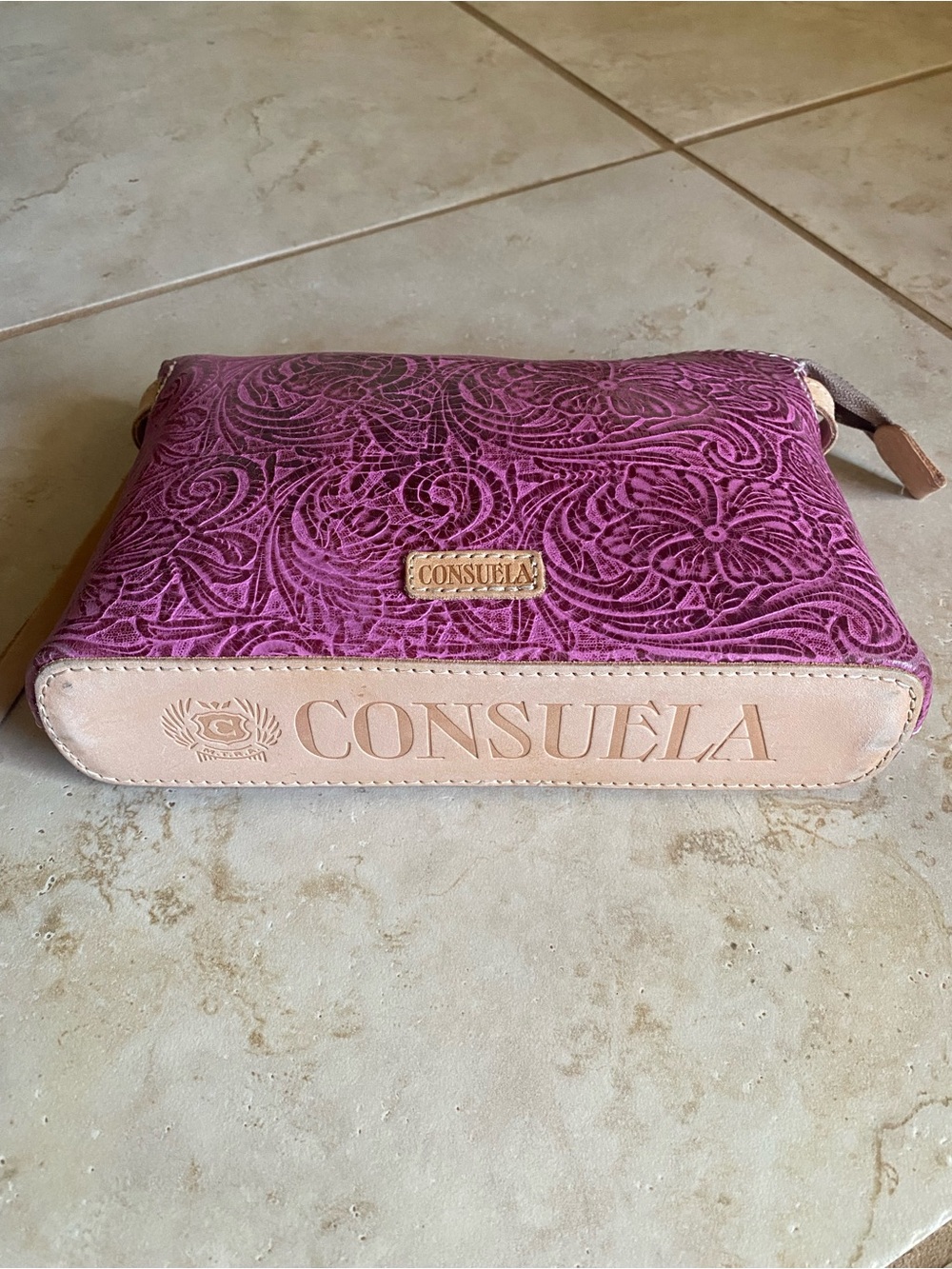 Consuela Mena Fuchsia Tooled Leather Midtown Crossbody Bag with Leather Trim - Picture 7 of 9